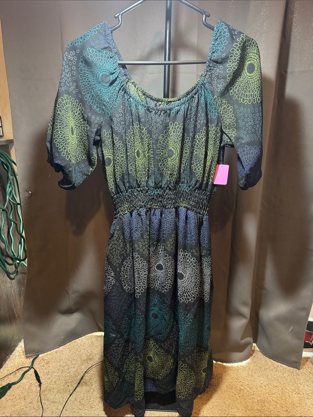 Mossimo Supply Co. Black Midi Dress with Green and Teal Medallion Print